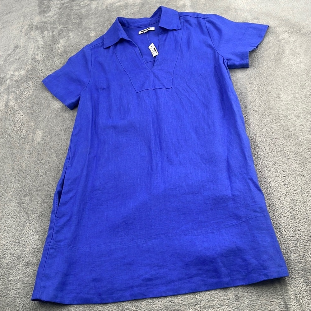 NEW Madewell S 100% Linen Blue V Neck Short Sleeve Midi Dress Pockets
